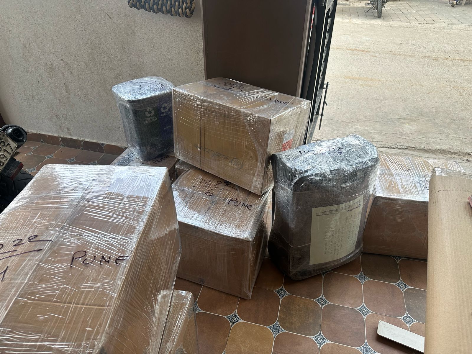 Stacked packed boxes ready for transport